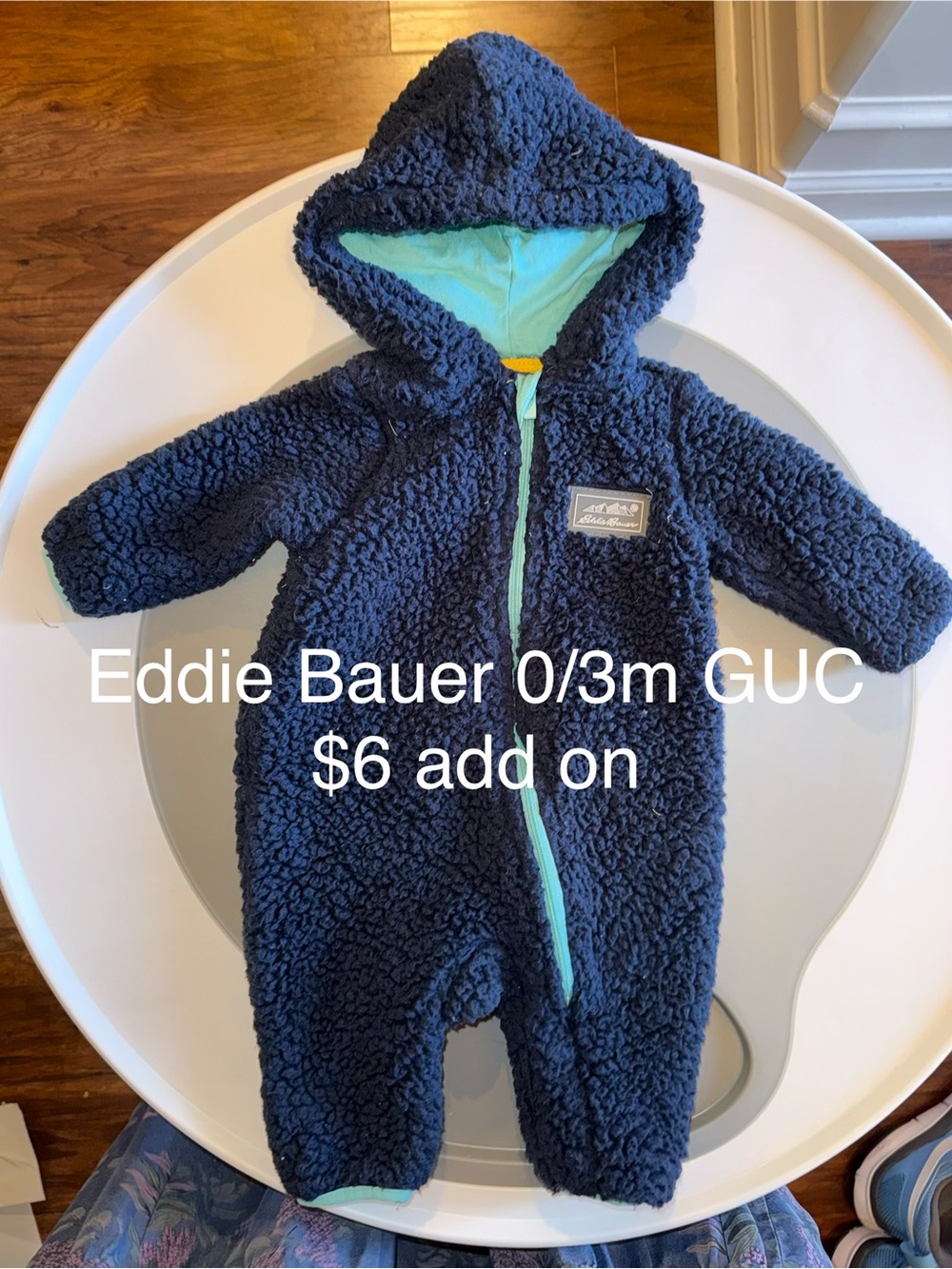 Eddie Bauer Navy Sherpa Hooded One-Piece Bunting, Snow Suit with Aqua Trim